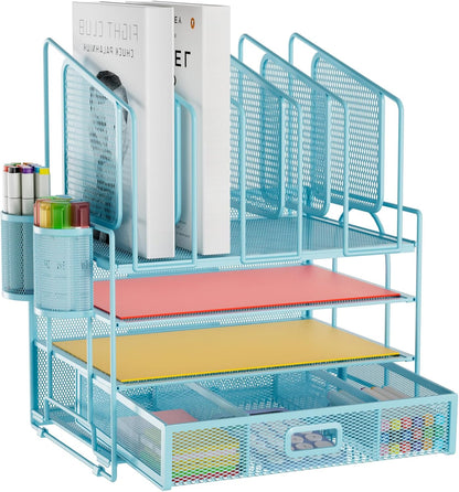Marbrasse Desk Organizer with Drawer, 4-Tier Mesh File Organizer with 5 Vertical File Holders and 2 Pen Holders, Multifunction Desktop Organizer,Desk Organizers and Accessories for Home Office