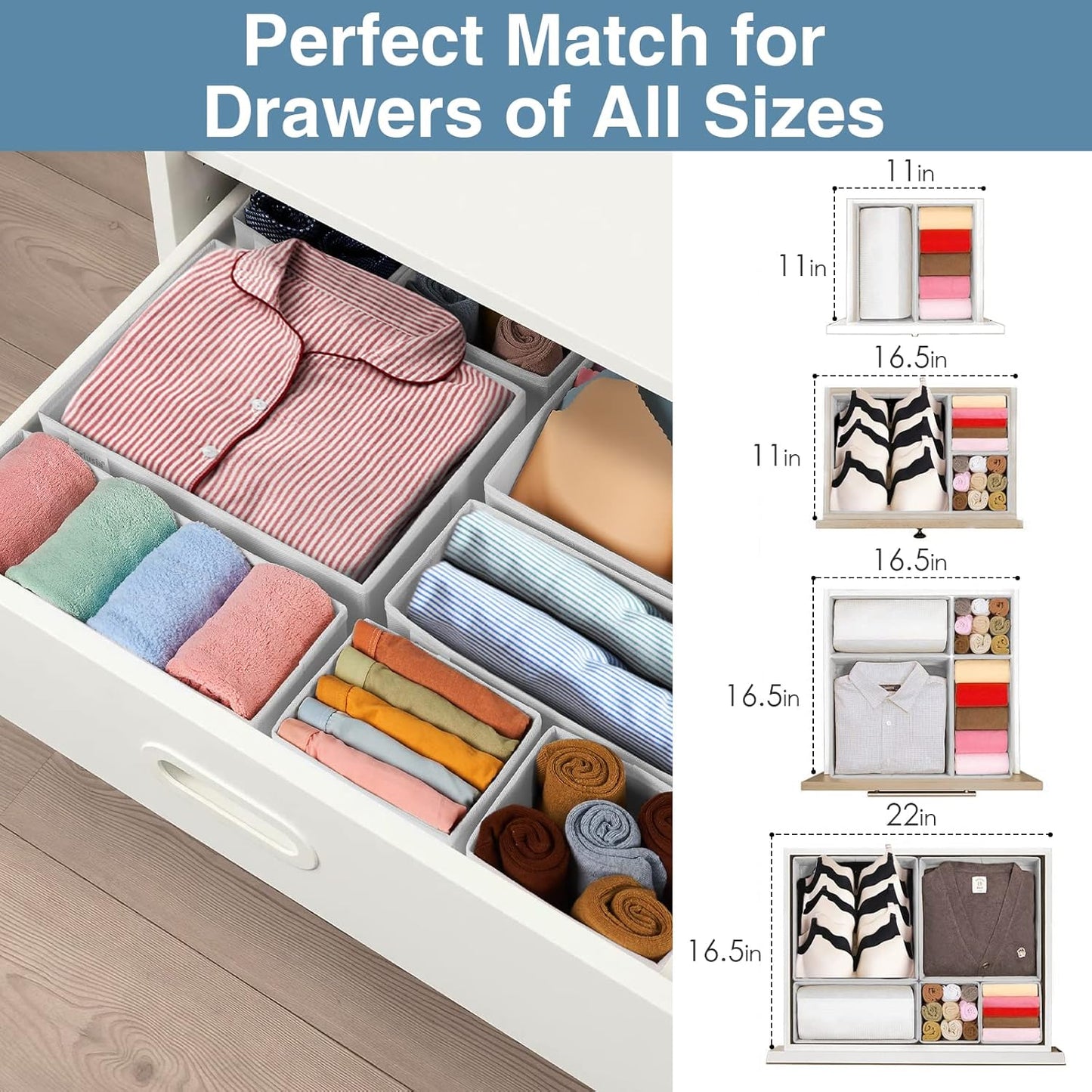 Criusia Drawer Organizer Clothes, 8 Pack Underwear Organizer, Foldable Closet Organizers and Storage Dresser Dividers for Clothes, Socks, Scarves, Ties (Gray)