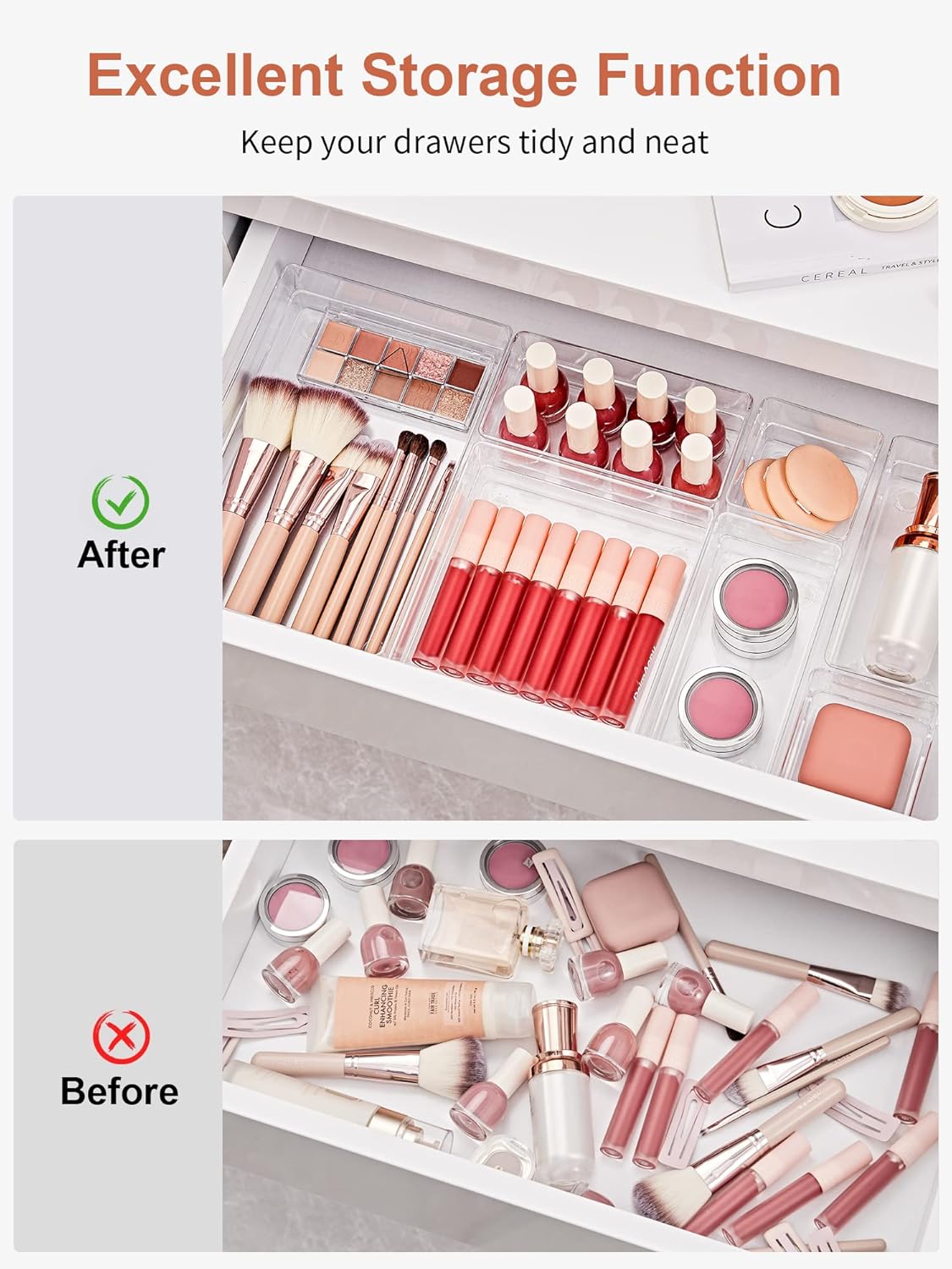 SMARTAKE 22-Piece Drawer Organizer with Non-Slip Silicone Pads, 4-Size Clear Desk Drawer Organizer Trays Storage Tray for Makeup, Jewelries, Utensils in Bedroom Dresser, Office and Kitchen, Clear