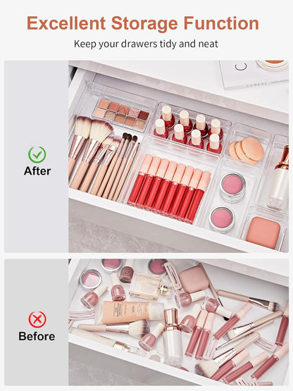 SMARTAKE 22-Piece Drawer Organizer with Non-Slip Silicone Pads, 4-Size Clear Desk Drawer Organizer Trays Storage Tray for Makeup, Jewelries, Utensils in Bedroom Dresser, Office and Kitchen, Clear