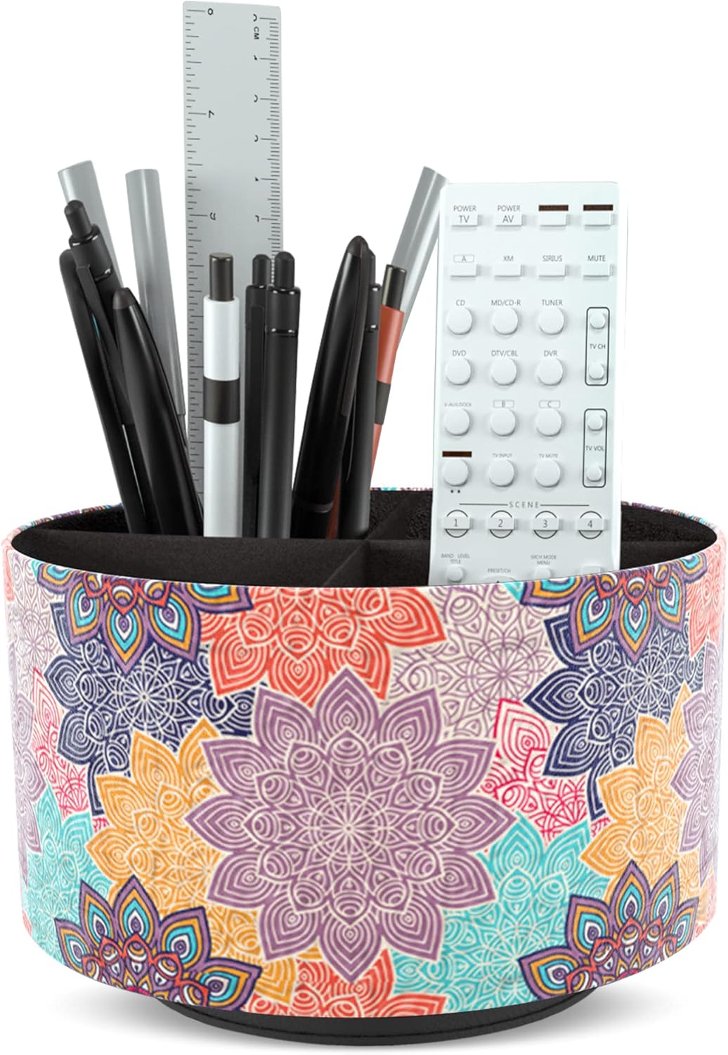Hennaja Round Leather Art Supply Organizer,Remote Control Holder,360 Degree Rotating,Multi-Functional Pencil Holder,4 Compartments Desktop Stationary Organizer(1-Blue Bird) - Colors C