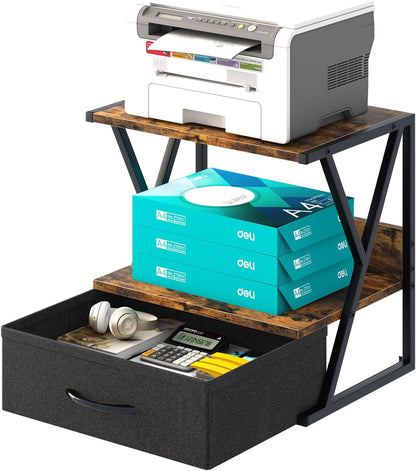 aboxoo Printer Stand for Desk with Storage Drawer, 2 Tier Desktop Or UnderDesk Shelf, Multi-Purpose Desk Organizer for Home Office, fit Fax Machine/3D Printer/Scanner, Rustic Brown