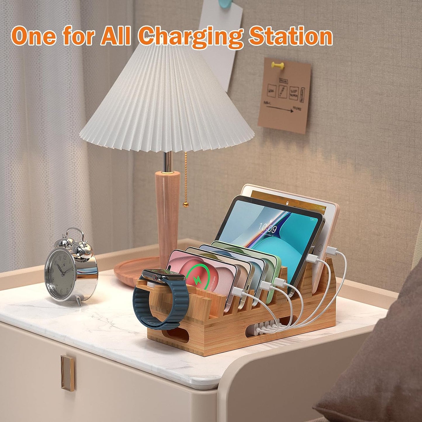 Pezin & Hulin Bamboo Charging Station Organizer for Multiple Devices & Wood Desktop Docking Charging Stand Such As Cell Phone, Tablets, Phone Case and Watch Stand(No USB Charger)