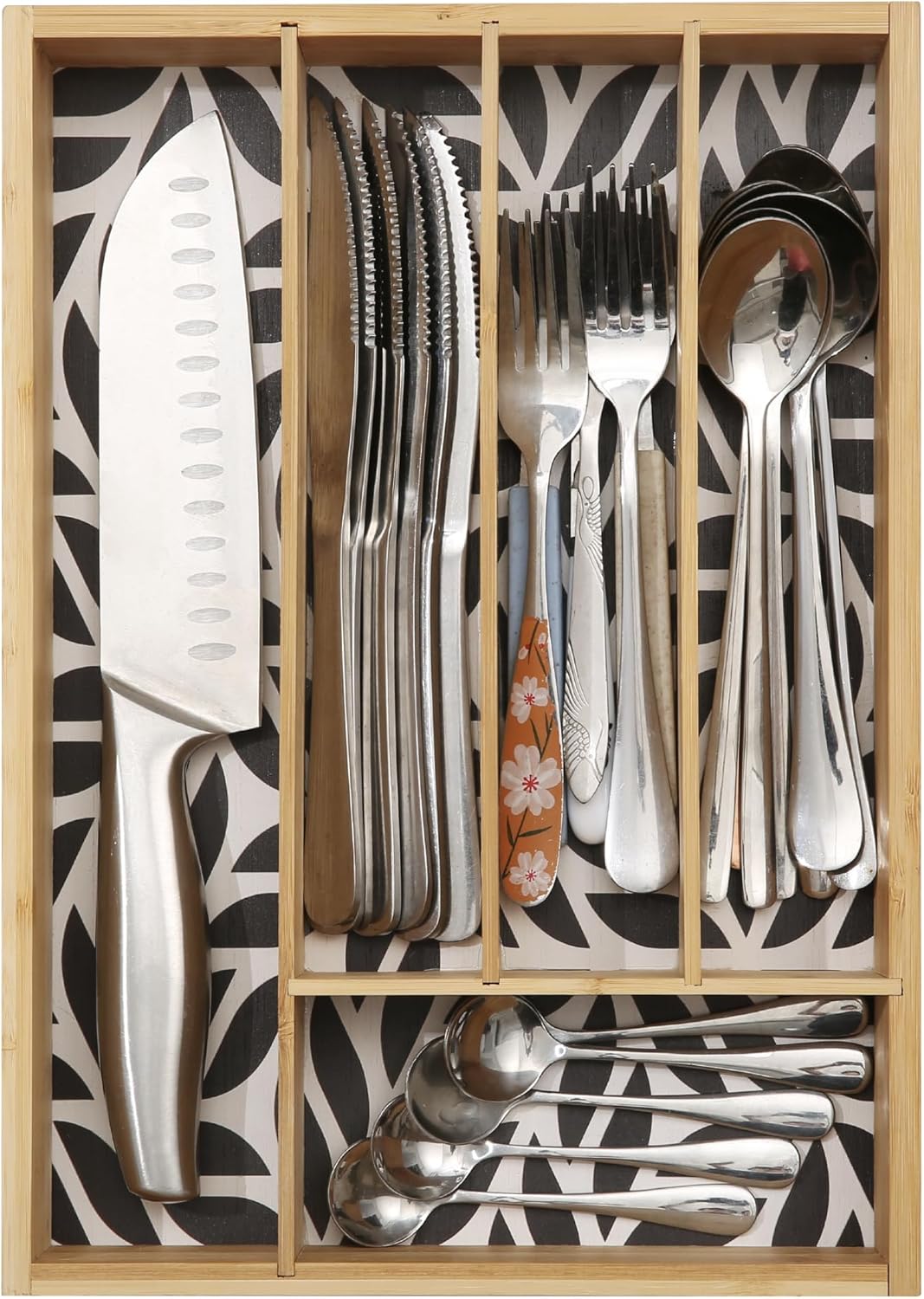 Pristine Bamboo Expandable Drawer Organizers for Kitchen - Extra Deep Non-Slip 17” x 14.6” (expands up to 25 inches) - Dark Wooden Silverware Divider (10 Compartments) – Organize Cooking Utensils