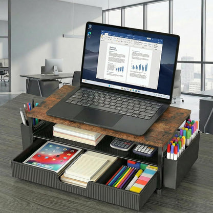ECOLOVI Desk Organizer and Accessories, 2-Tier Computer Monitor Stand Rise with Storage Drawer & 2 Pen Holders, Laptop & Printer Stand for Desktop, Workspace Organizers for Office Supplies (Blue)