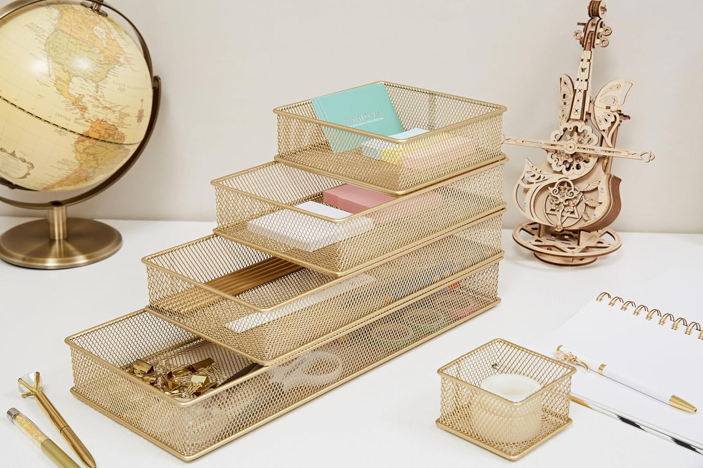 Annova Stackable Mesh Drawer Cabinet and Shelf Organizer Bins Storage Basket School Office Supply Holder Tray- Set of 2 (Gold, 3x3x2 Inch)