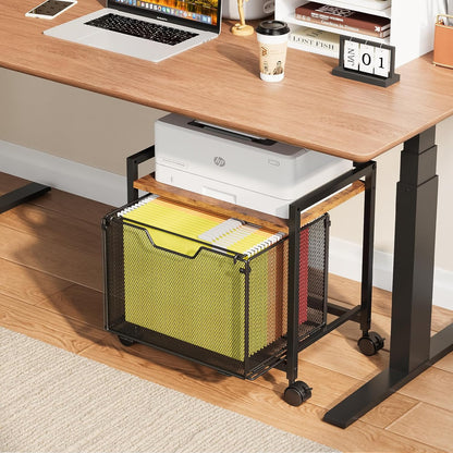 JKsmart Under Desk Storage, Printer Stand with Drawer, Rolling File Cabinet with Adjustable Table Top, 2 Tier Industrial Shelf on Fixed Feet Wheels, Sofa Side Table Organizer for Home, Office, Black