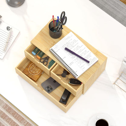 Bamboo Desk Organizer with Drawers - Small Desktop Storage Container for Countertop & Tabletop - No Assembly Required