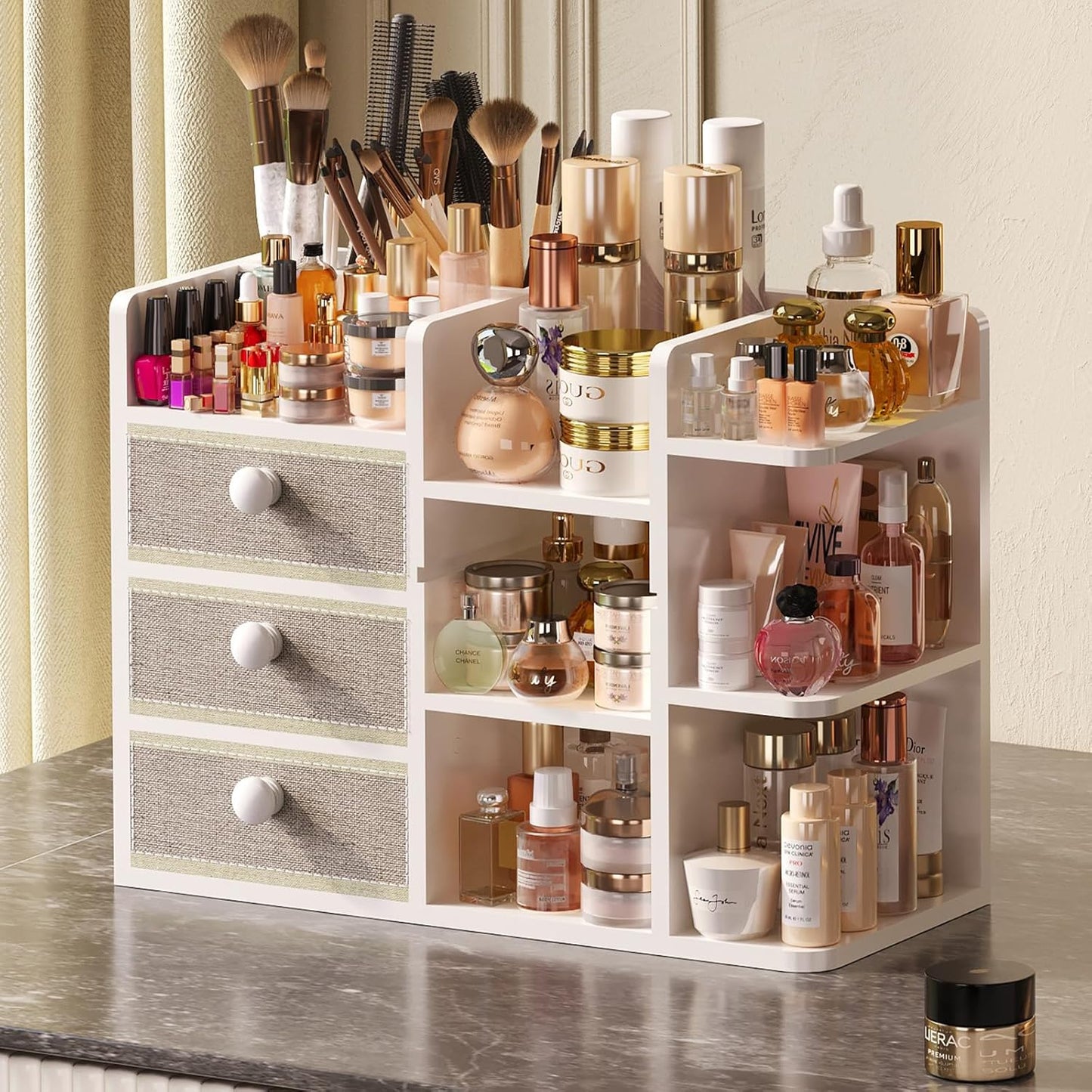 Large Makeup Organizer For Vanity, Large Capacity 3 Tiers Bamboo Bathroom Counter Organizers and Storage, Countertop Makeup Brush Holder, Nail Polish Perfume Stand with 3 Drawers and 10 Compartments