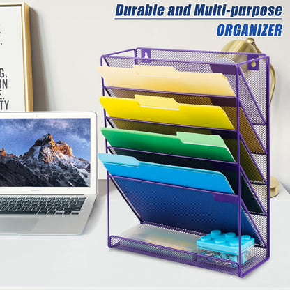 EASEPRES Desk File Organizer Mesh 6-Tier, Hanging Wall Mount Document Organization Stand, Desktop Vertical Mail Paper Folder Holder Rack with Bottom Tray for Office Home Cubicle Countertop, Black