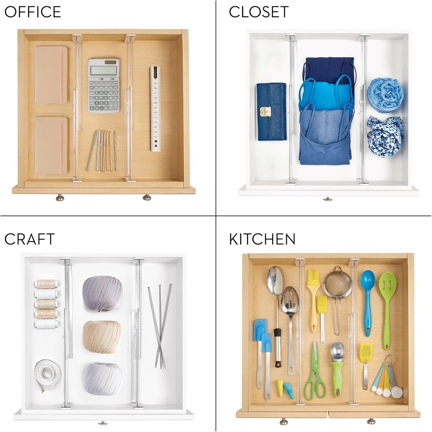 iDesign Plastic Adjustable Deep Drawer Divider, Kitchen, Dresser, Desk, Bathroom and More, The Linus Collection – Set of 2, Expandable 13.25” – 20.75”, Clear