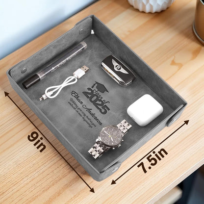 Engraved Leather Valet Tray for Men – Personalized Catchall with Custom Name for Desk, Dresser, Nightstand – Men's Organizer Tray for Keys, Wallet, Jewelry, Personalized Gift for Home, Office - Coffee