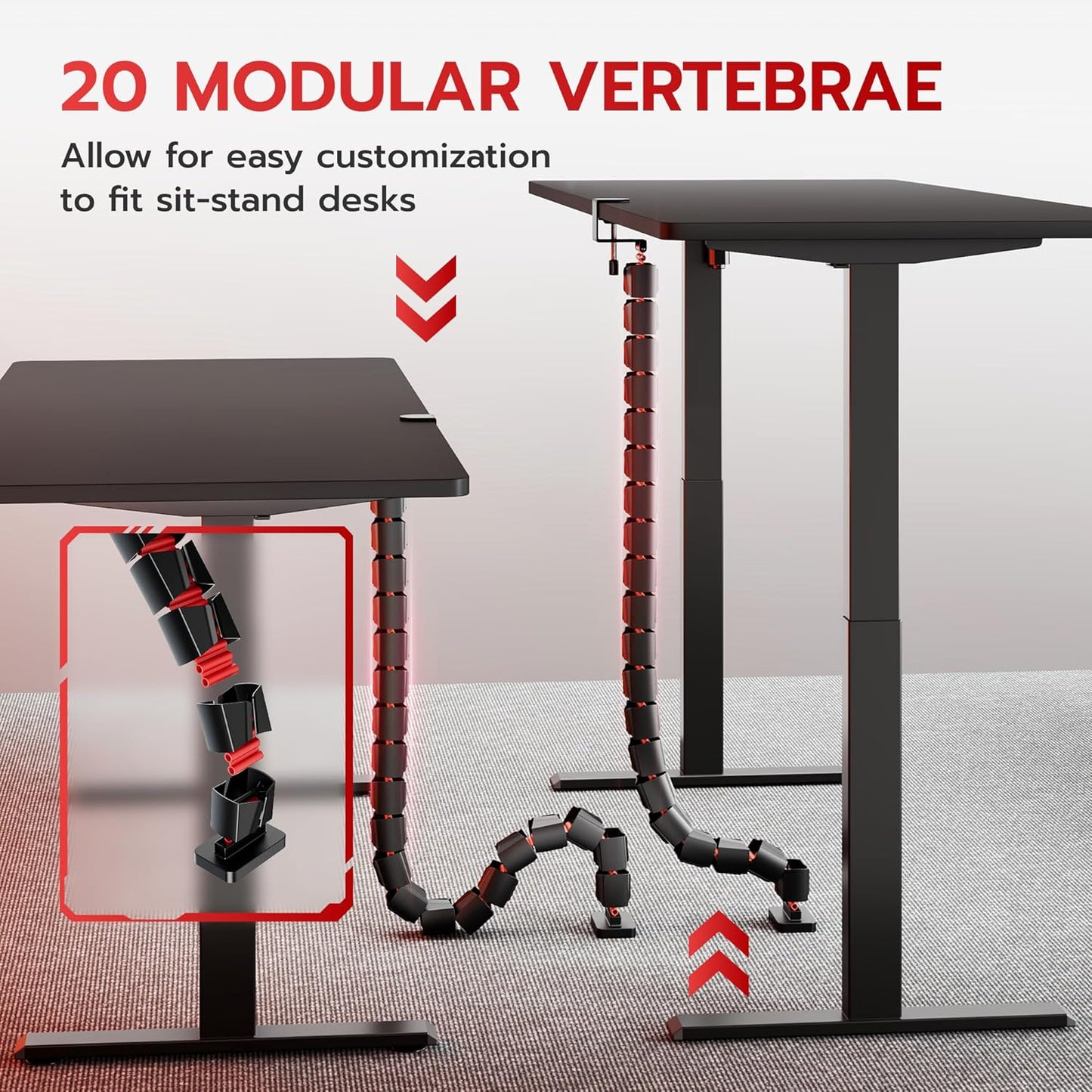 ARES WING Under Desk Cable Management Spine, Magnetic Vertebrae Cable Management for Standing Desk, Length Adjustable Cord Organizer with 20 Modular Vertebrae for Office and Gaming Desks, Red