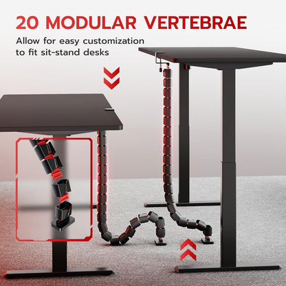 ARES WING Under Desk Cable Management Spine, Magnetic Vertebrae Cable Management for Standing Desk, Length Adjustable Cord Organizer with 20 Modular Vertebrae for Office and Gaming Desks, Red