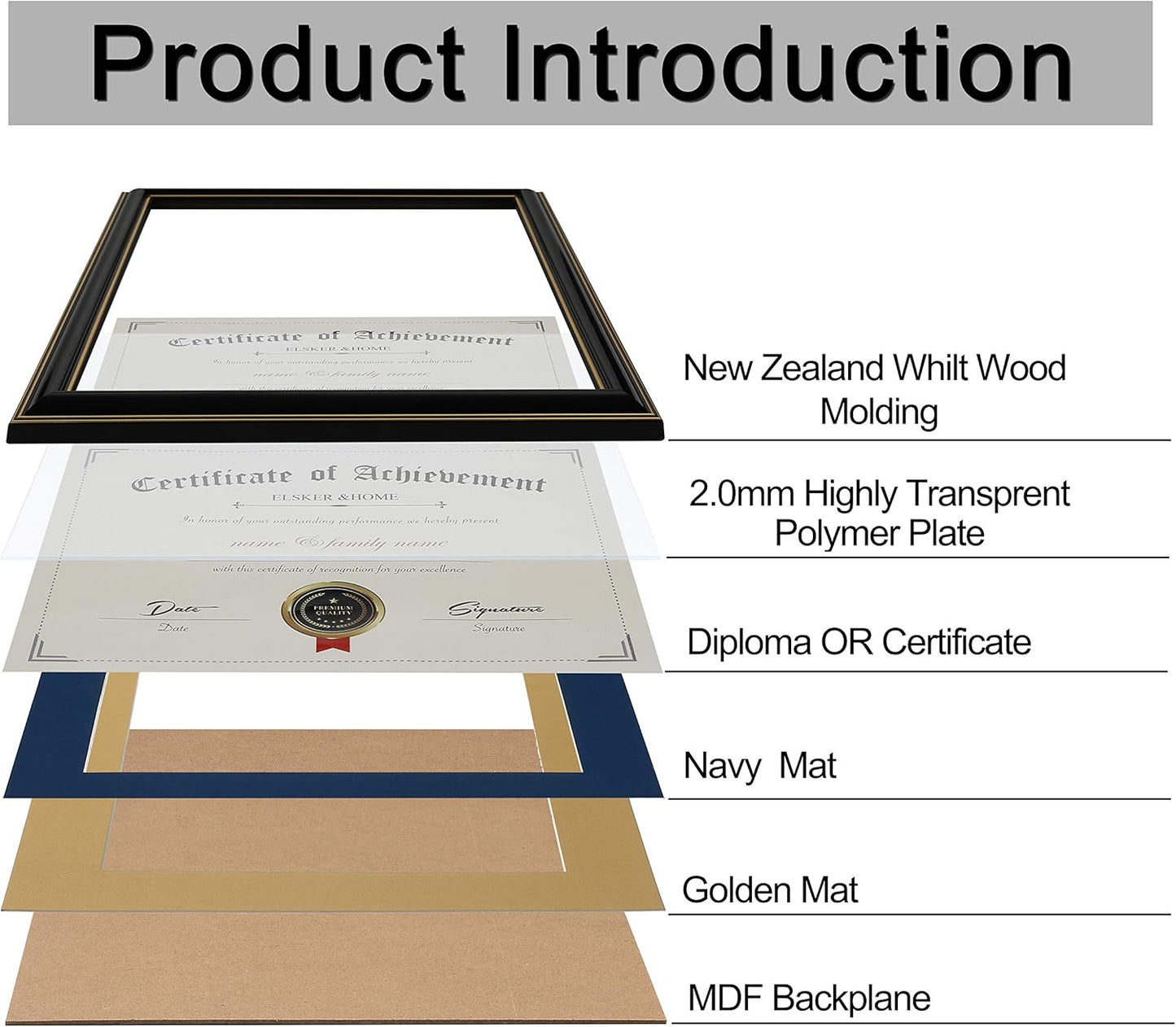 ELSKER&HOME Diploma Frame - Wide Solid Wood Frame - Black Velvet Golden Rim Mat - Semi-Tempered Glass - Includes Hanging Hardware and Desktop Easel(ONLY Display 11×14 Document/Certificate)
