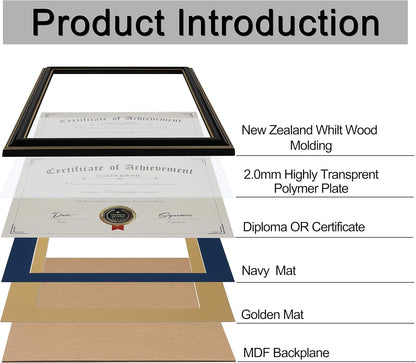 ELSKER&HOME Diploma Frame - Wide Solid Wood Frame - Black Velvet Golden Rim Mat - Semi-Tempered Glass - Includes Hanging Hardware and Desktop Easel(ONLY Display 11×14 Document/Certificate)