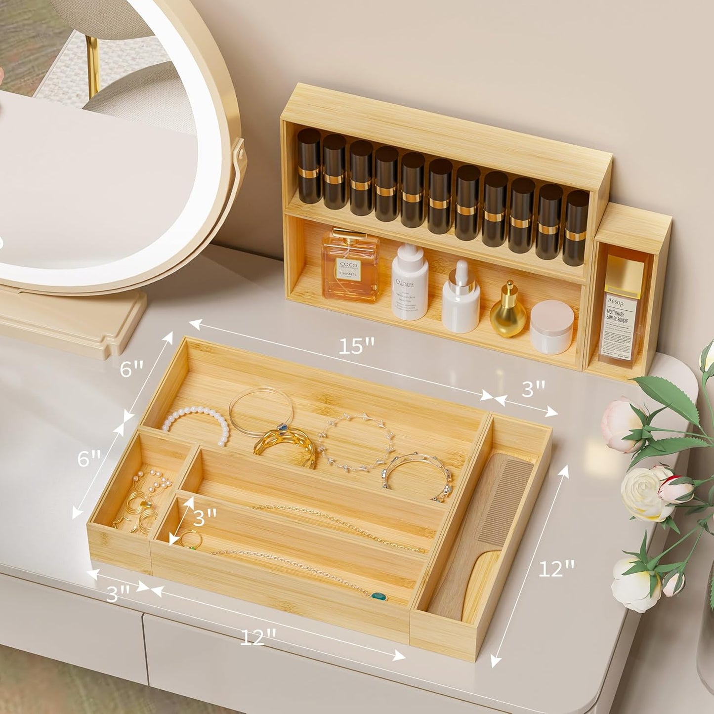 Kitchen Drawer Organizer Bins, Stackable Bamboo Drawer Organizer for Silverware, Flatware, Coffee Pod Organizer K Cup Holder for Countertop, 2 Pcs Coffee Station Organizer 12" x 6" x 2.5"