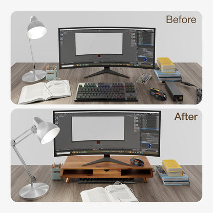 TINAMO Acacia Wood Monitor Stand with Drawer - Wooden Monitor Riser for Desk - Computer Monitor Stand for Desk - Multi-Purpose Desktop Storage Stand for Computer; Laptop; Printer; TV - 24.4 " x 8" x 5" (Patented)