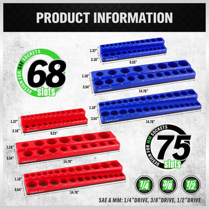 Magnetic Socket Organizer Set, 6PCS Socket Holder, 1/4", 3/8", 1/2" Sockets Holds 143 Pieces Magnetic Sockets Trays (Blue&red, 6 Pcs)