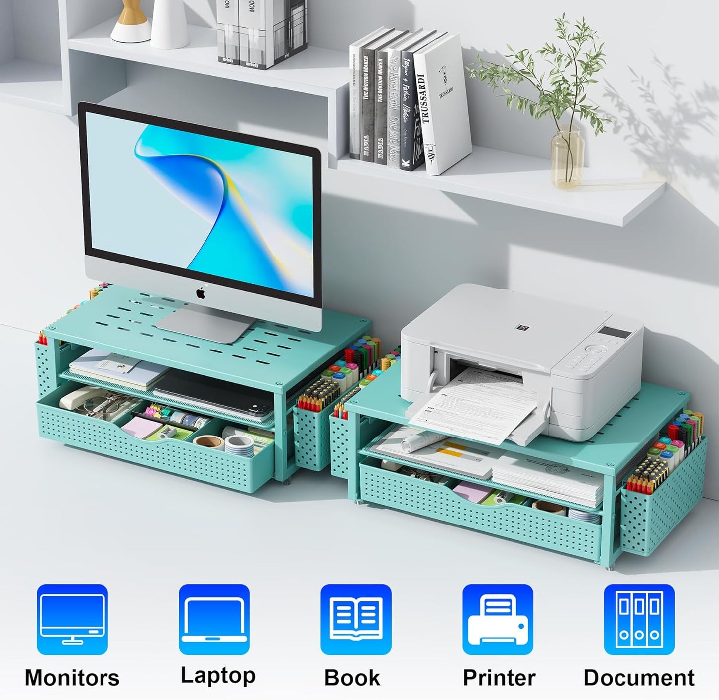 gianotter Wood Monitor Stand Riser, Office Desk Shelf Organizer, Desk Organizer with Drawer and Pen Holder, 2-Tier Computer Stand, Office Organization (Ink)