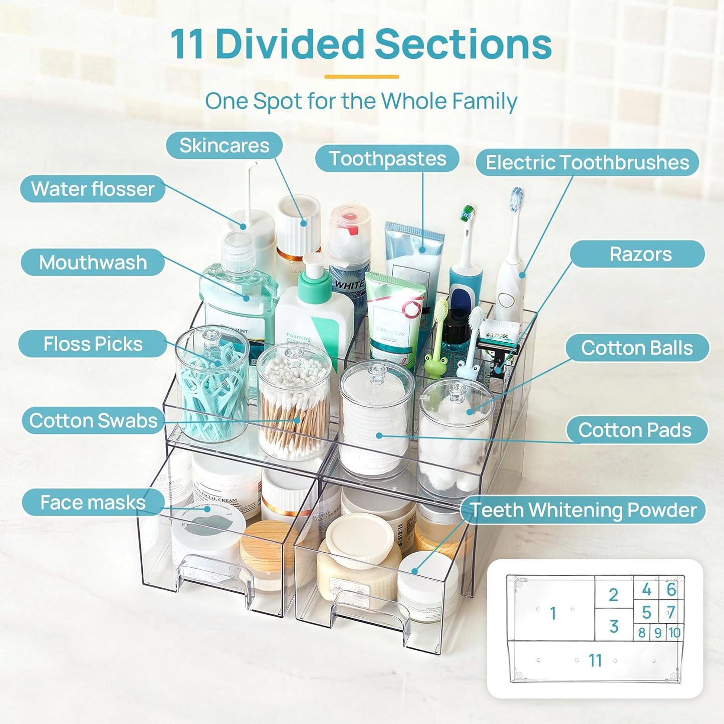Vtopmart 6 PCS Bathroom Countertop Organizer, 1 Divided Tray with 4 Qtip Holder Jars and 1 Drawers, Restroom Clear Organizers for Toothbrush, Cotton Pads, Vanity Accessories Storage Set