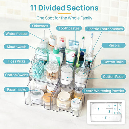 Vtopmart 6 PCS Bathroom Countertop Organizer, 1 Divided Tray with 4 Qtip Holder Jars and 1 Drawers, Restroom Clear Organizers for Toothbrush, Cotton Pads, Vanity Accessories Storage Set