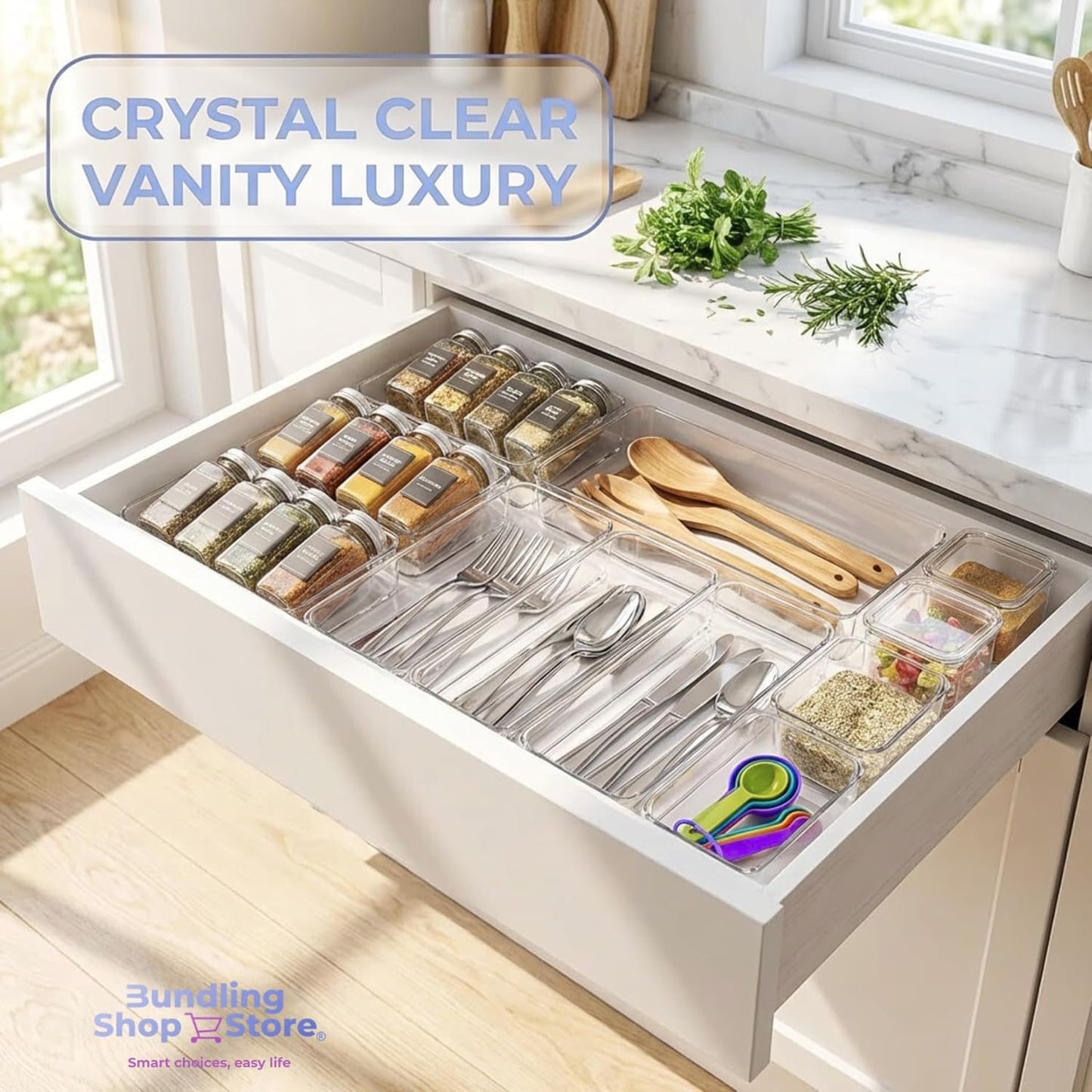 Acrylic Drawer Organizers - 18 Piece Modular Set with Premium Ultra-Strong Stay-Put Technology - Custom-Fit Makeup & Vanity Organizer Bins for Bathroom, Office & Craft, Kitchen