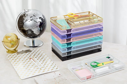 Annova Desk Drawer Organizer Tray for Office Organization - Metal Mesh - Storage Tray with Dividers for Pens, Desktop Accessories, Bathroom, Kitchen, Makeup and Office Supplies (Small, Gold)