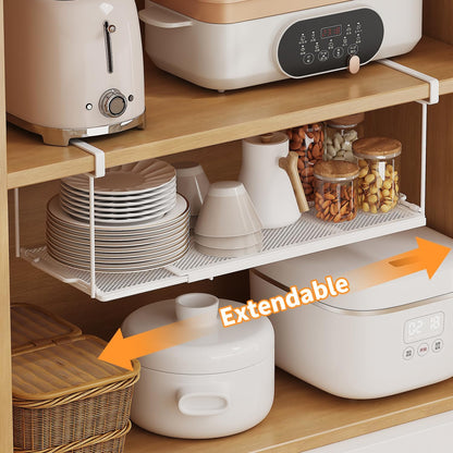 1 Pack Expandable Under Cabinet Shelf, Under Shelf Basket with 0.94 Inches Thick Clips for Kitchen Cupboard, Metal Hanging Under Desk Basket for Laundry Room, Cabinet, Shoe Rack