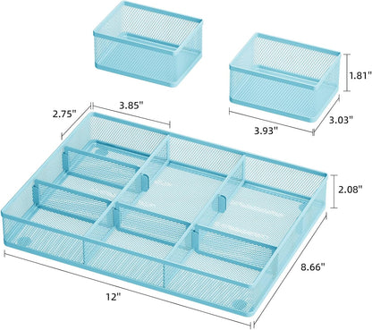 Marbrasse 3 Packs Desk Drawer Organizers, Metal Mesh Dividers Desk Drawer Organizer Tray with 9 Adjustable Compartments, Pen Organizer for Drawer Tray Box Accessories for Desktop,Kitchen, Makeup