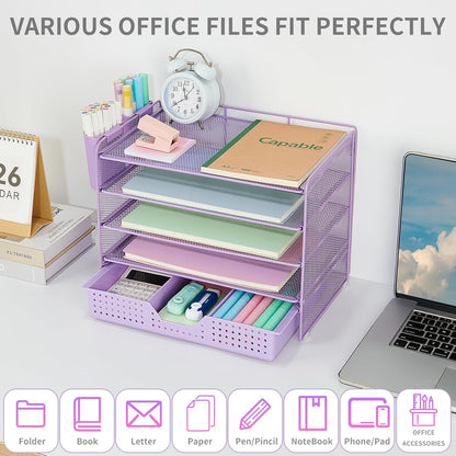 LEKETREE Desk Organizers and Accessories, 5-Tier Paper Letter Tray Organizer with File Holder, Desktop Organizer for Office Supplies (Black)