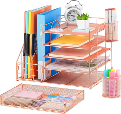 Marbrasse Desk Organizer with File Holder, 5-Tier Paper Letter Tray Organizer with Drawer and 2 Pen Holder, Mesh Desktop Organizer and Storage with Magazine Holder for Office Supplies(Black)