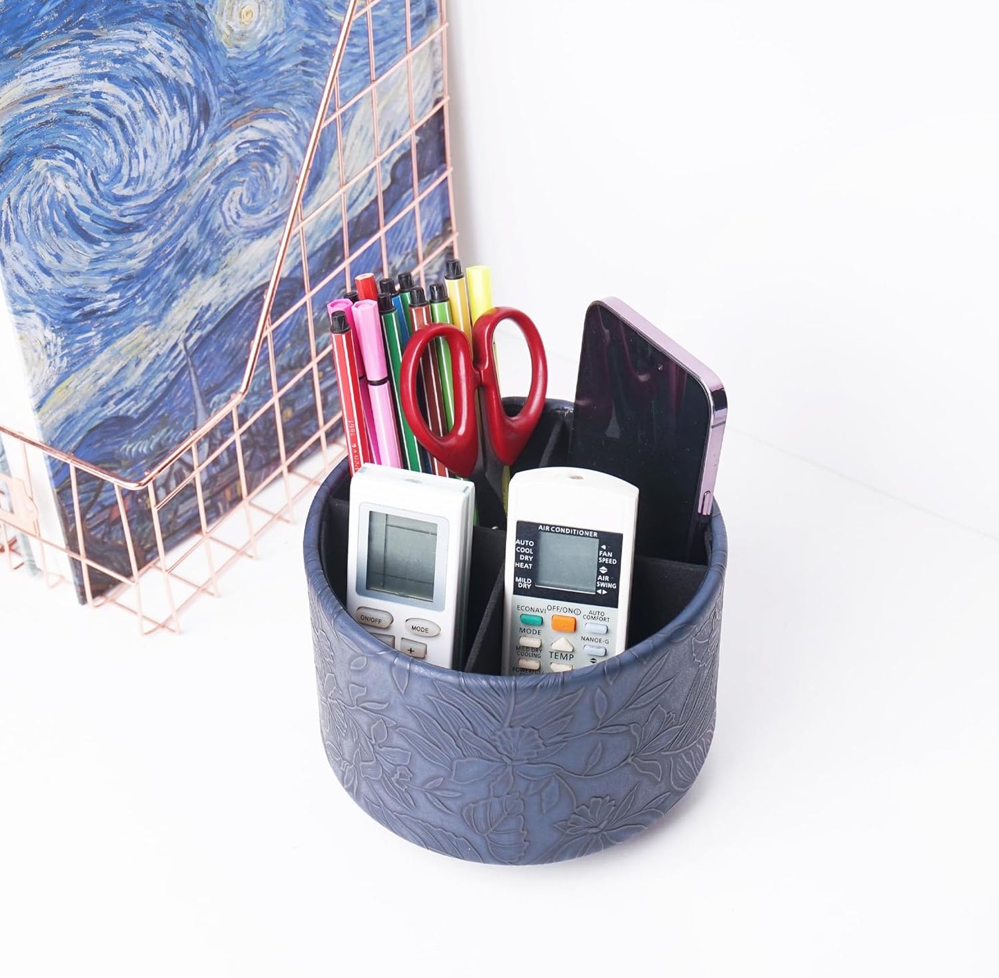 Hennaja Round Leather Art Supply Organizer,Remote Control Holder,360 Degree Rotating,Multi-Functional Pencil Holder,4 Compartments Desktop Stationary Organizer(1-Blue Bird) - Colors A