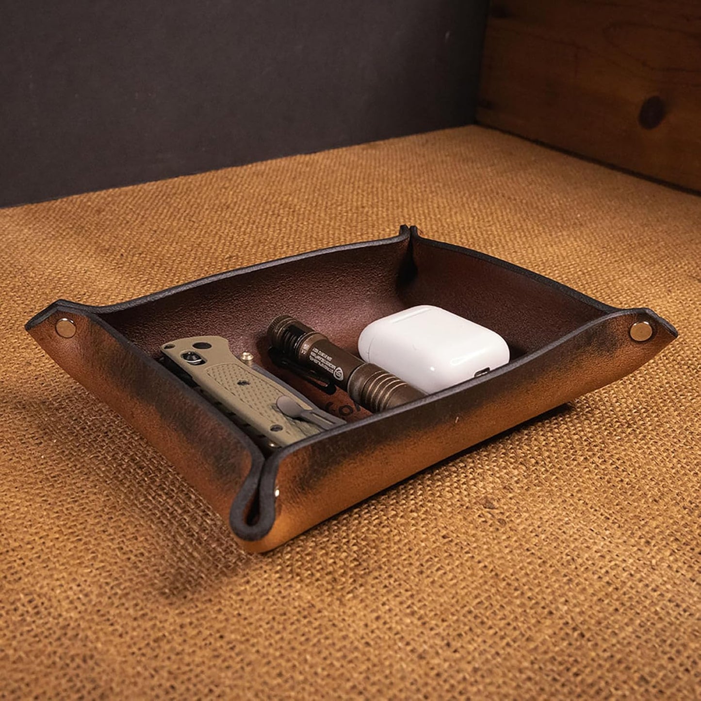 Valet Tray – Full-Grain Leather Catchall Organizer for Keys, Phone & Wallet – Rustic Nightstand & Desk Tray with Raised Sides – Handmade in USA (Vintage Brown, Small Rectangle)
