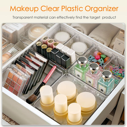 Criusia Drawer Organizer, 10 Pack Large Clear Plastic Set, 3 Size Versatile Bathroom and Vanity Organizer Trays, Storage Bins for Makeup, Bedroom, Kitchen Utensils