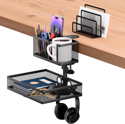 6-in-1 Clamp On Desk Organizer with Cup Holder & 360° Rotating Under Desk Drawer, Swappable Parts, Easy to Install Standing Desk Drawer Attachment, Space-Saving for Home & Office