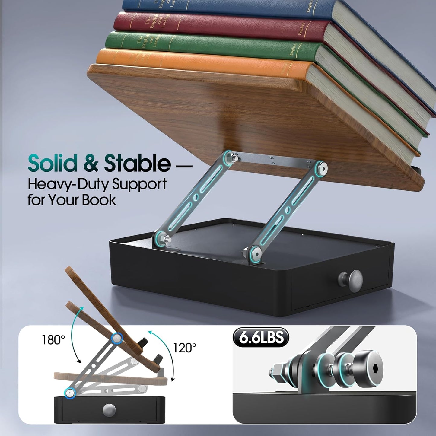 Book Stand with Storage Drawer, Adjustable Wooden Reading Stand for Desk, Ergonomic Height & Angle Book Holder for Textbooks, Cookbooks, Documents (Walnut Finish, 9.8" x 13.8" Large Panel)