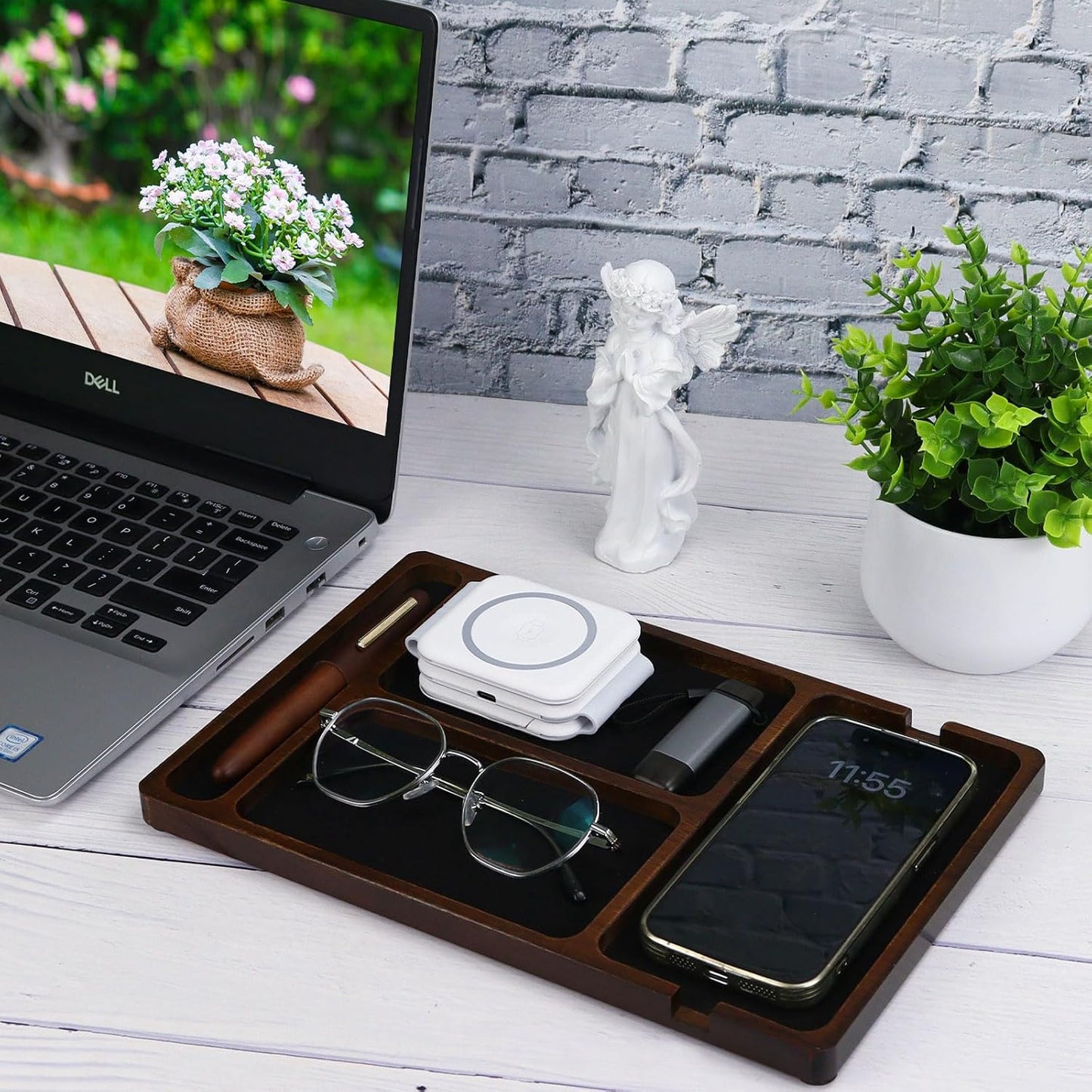 MultiBey Acacia Wood Valet Tray Nightstand Organizer, Wooden Valet Trays for Men Women, Wood Desk Organizer Drawer, EDC Essentials Catchall Tray for Phones, Watch, Pens, Keys