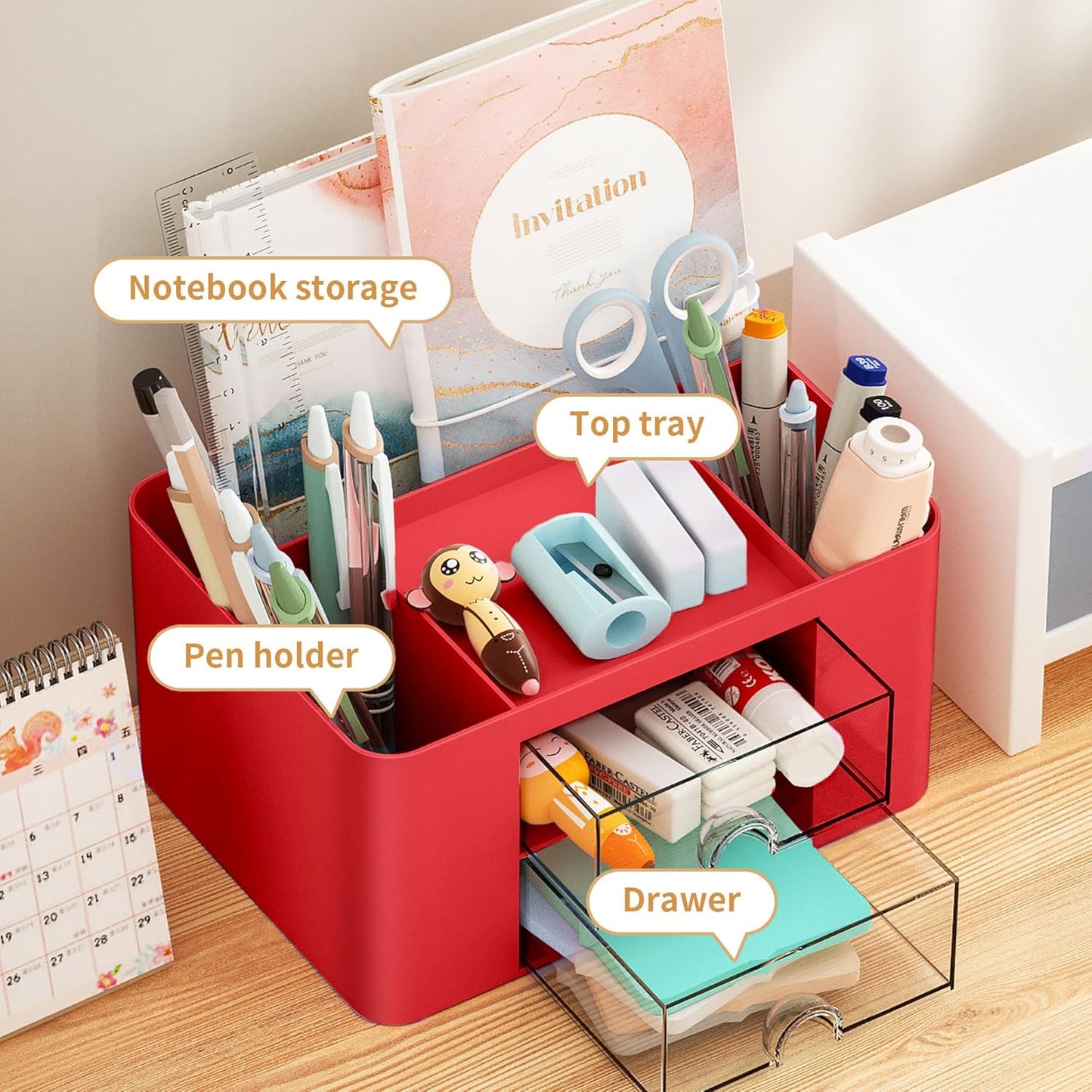 Marbrasse Pen Organizer with 2 Drawer, Multi-Functional Pencil Holder for Desk, Desk Organizers and Accessories with 5 Compartments + Drawer for Office Art Supplies (White)