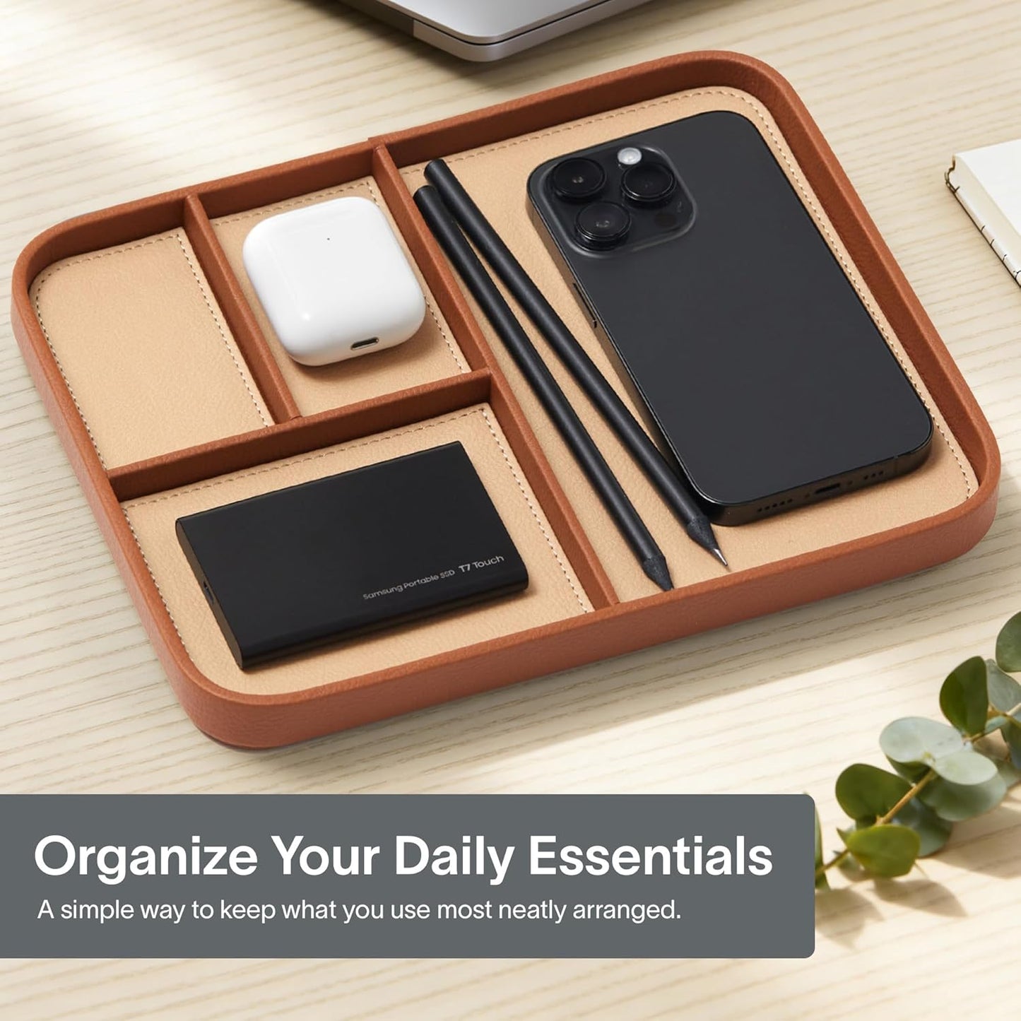 Nordik Leather Valet Tray - Pebble Black - 9.5 x 7.9 Inch Medium Vegan Leather Tray - Stylish Nightstand Organizer for Men - Modern Bedside Caddy - EDC Catchall for Key Watch Wallet Jewellery