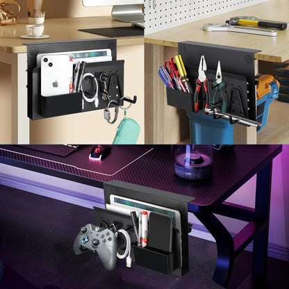 Desk Side Storage with Pen Holder, No Drill Hanging Desk Organizer Under Desk Storage Mount, Clamp-On Laptop Holder Table Side Tray Desktop Organization for Office and Home (Black)