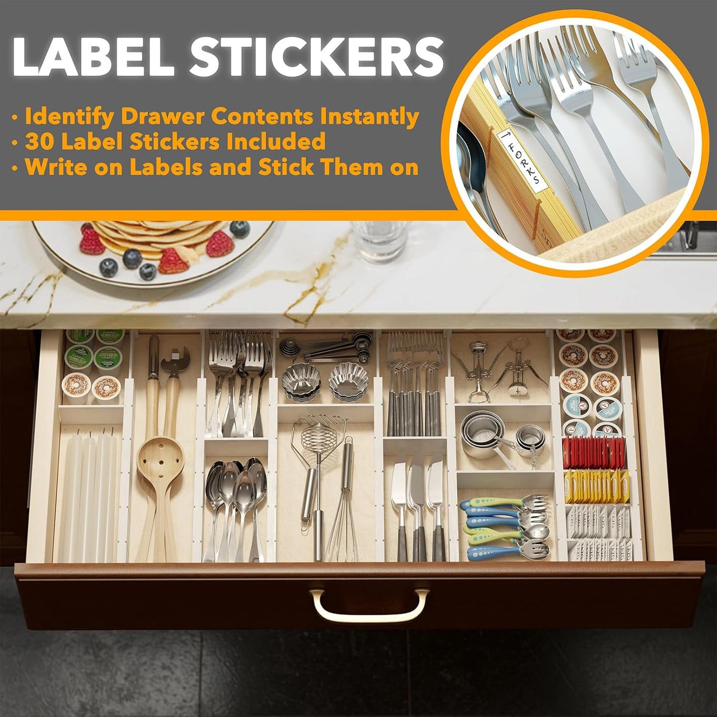 SpaceAid Bamboo Drawer Dividers with Inserts and Labels, Kitchen Adjustable Drawer Organizers, Expandable Organization for Home, Office, Dressers, 4 Dividers with 9 Inserts (17"-22" Natural)