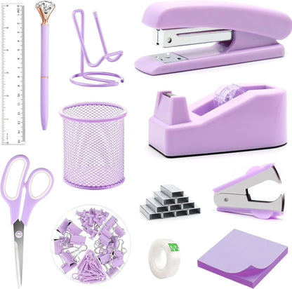 Office Desk Accessories, Acrylic Stapler, Staple Remover, Tape Holder, Pen Holder, Ballpoint Pen, Scissor, Binder Clips, 1000pcs Staples, Phone Holder, Ruler, Transparent Glue and 300 Notes