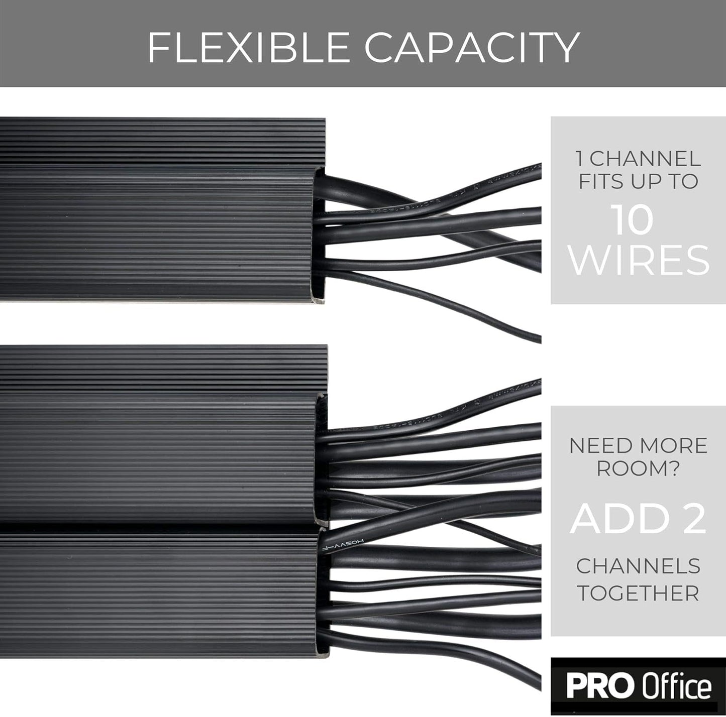 Cable Management ProOffice 96in J Channel Cable Raceways - 6X 16in Black No Screw/No Drill Computer Cord Organizer - Cable Channels for Wire Management Under Desk with Adhesive