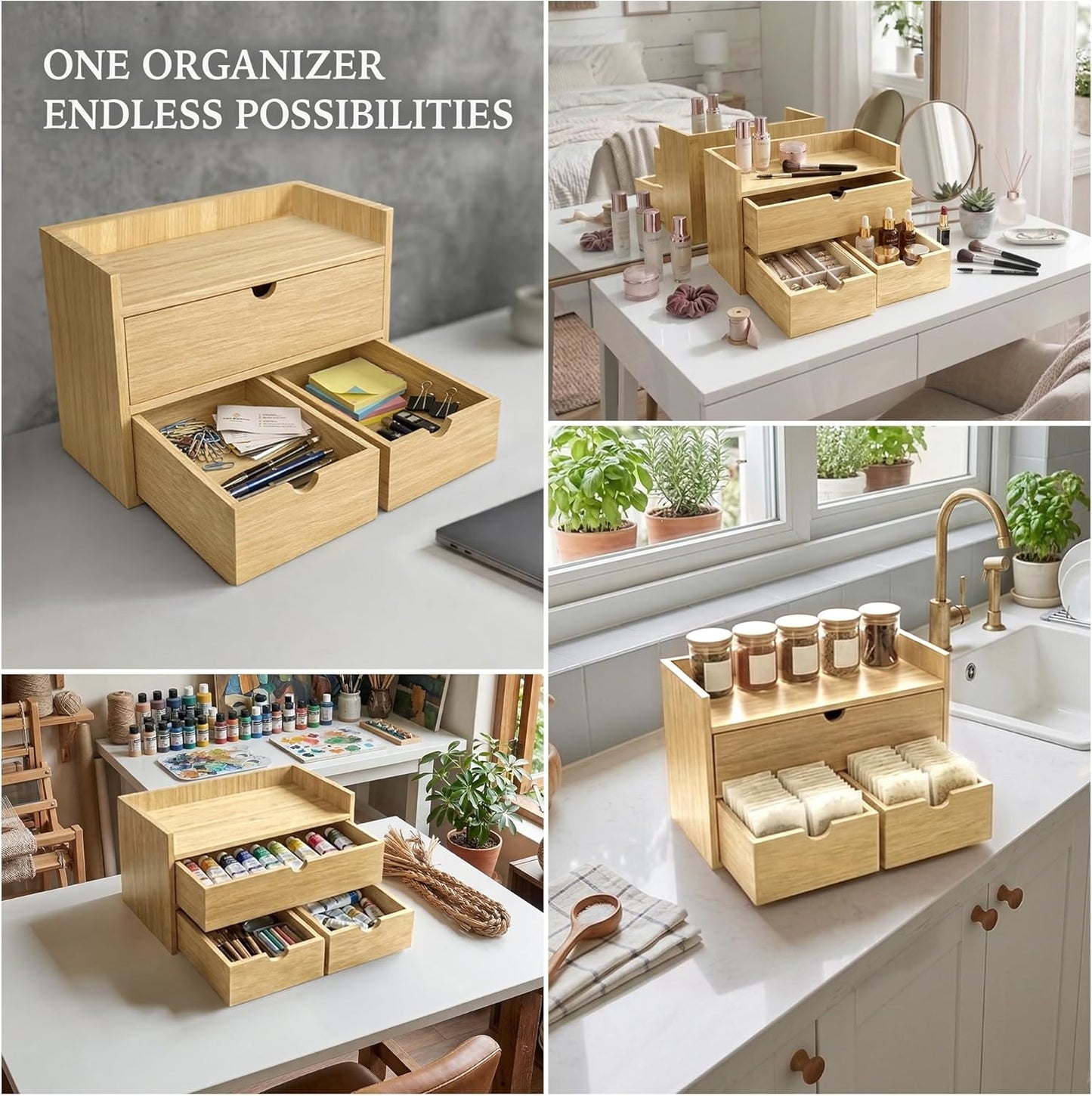 Bamboo Desk Organizer with 3 Drawers and Shelf, Desktop Drawers 13.4 x 7.3 x 8.1 Inches Countertop Storage Box for Office Supplies Makeup Kitchen, Wooden Tabletop Drawer No Assembly Required
