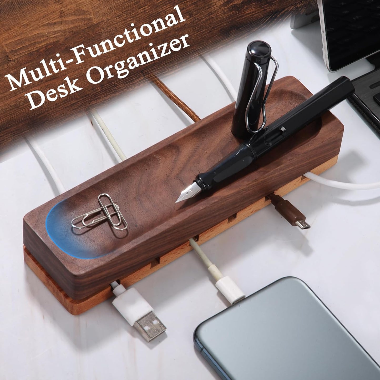 Magnetic Cord Holder with 6 Slots - Walnut & Beech Wood Cable Organizer for Lightning, USB, USB-C, Stick-on Design for Desk, Under Desk, Nightstand