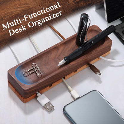 Magnetic Cord Holder with 6 Slots - Walnut & Beech Wood Cable Organizer for Lightning, USB, USB-C, Stick-on Design for Desk, Under Desk, Nightstand