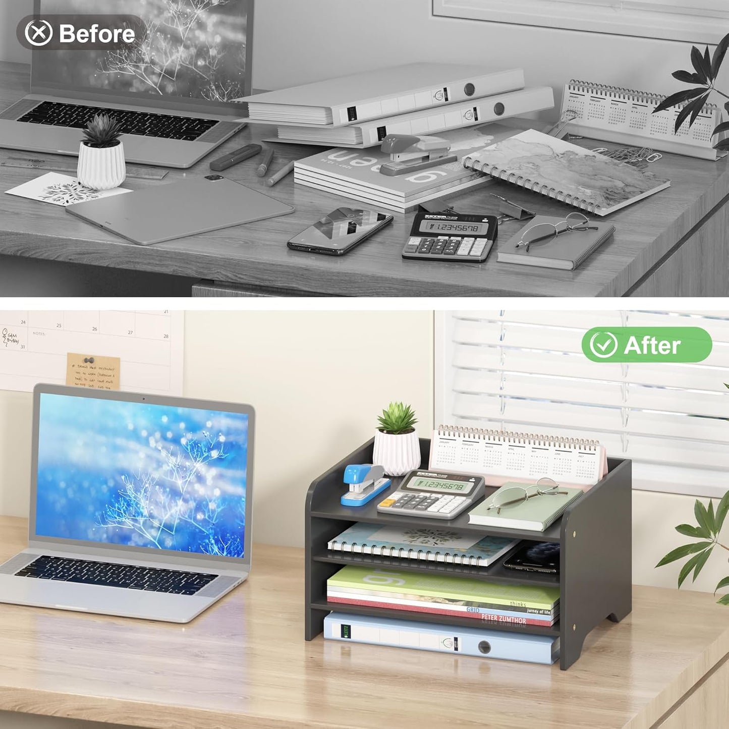 Desk File Organizer 4-Tier Desktop Paper Mail Organizer Document Holder for Home Office Supplies, Office Desk Accessories & Workspace (Nature)