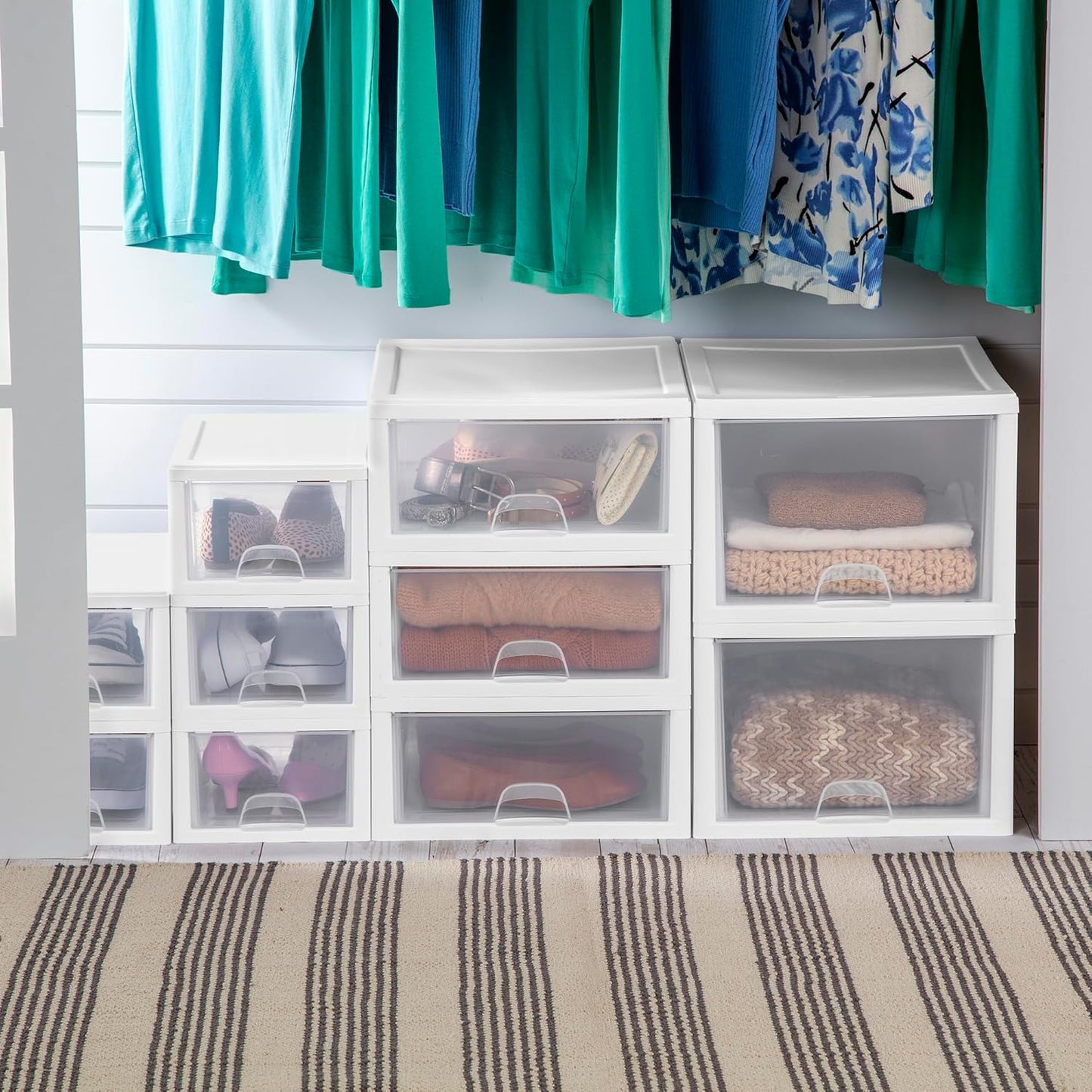 Sterilite 6-Pack 6 Quart Stacking Drawer, Clear Storage Closet Organizer, White Frame - Stackable Modular Plastic Drawers for Clothes, Accessories, Craft Supplies, Shoes or Linens