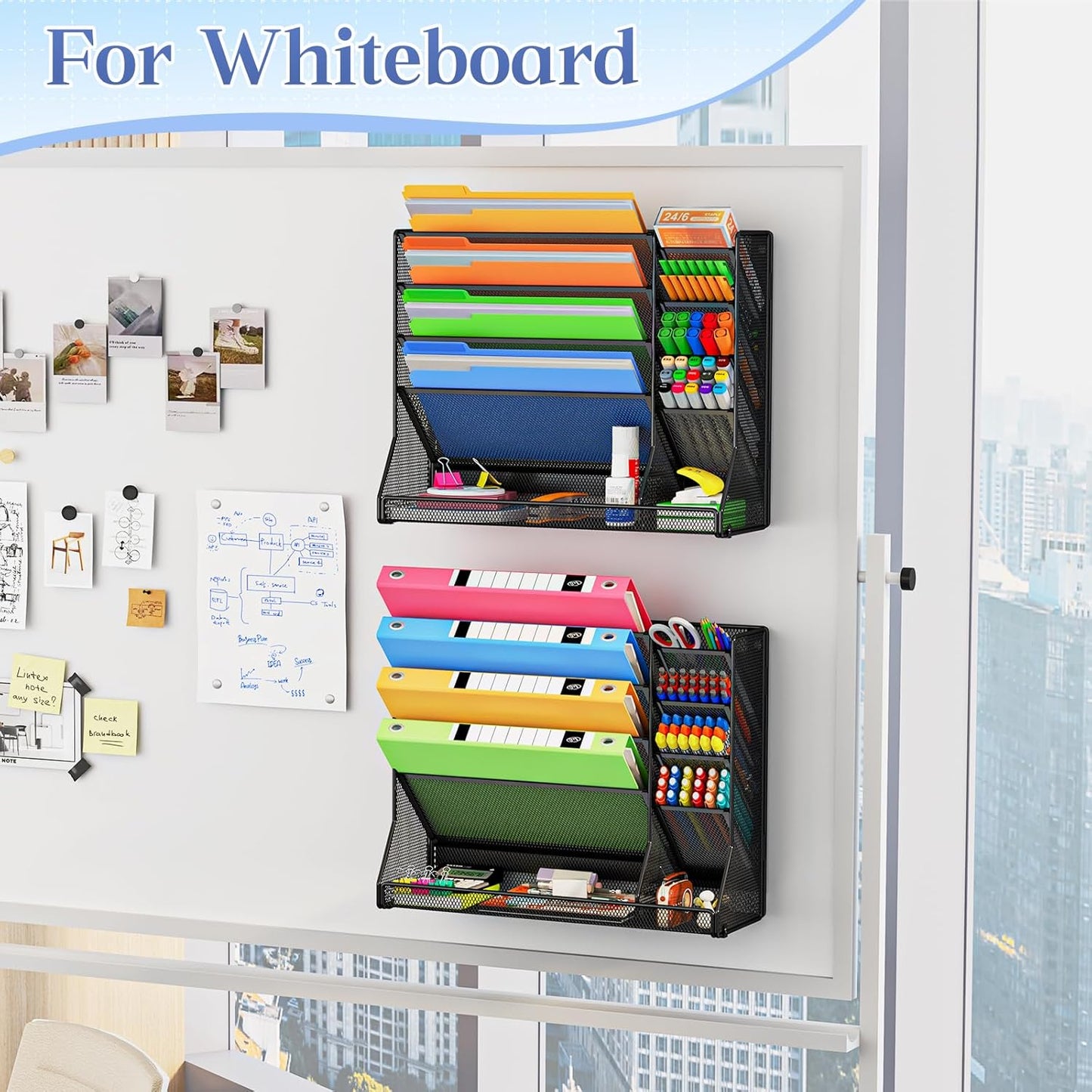 Jakyitvi File Organizer Wall Mounted, 4 Tiers Durable Adjustable Metal Desk Organizer, Desktop Hanging File Holder with 4 Pen Slots Stable, 4 Pull-Out Divider for File, Mail, Black, Patent Pending